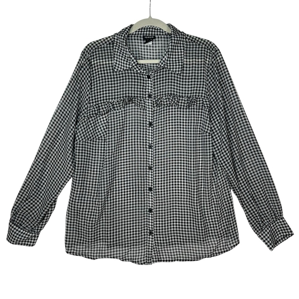 Torrid 1 XL Black‎ White Gingham Button Down Shirt Ruffle Chiffon Soft Goth Boho